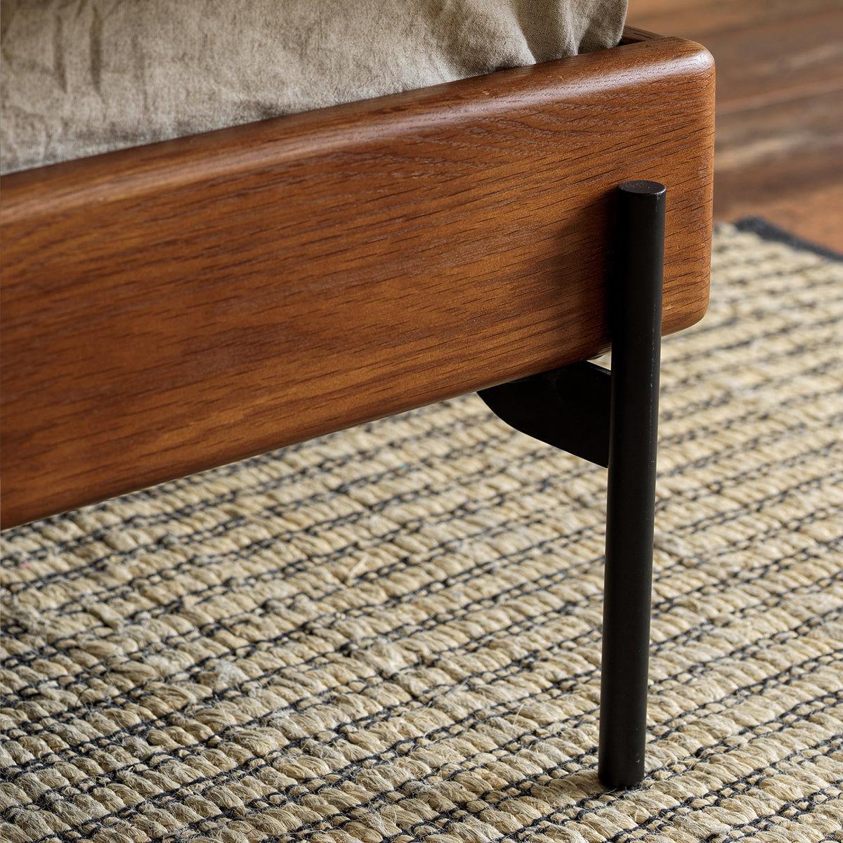 Solid red oak bed frame and elevated leg detail