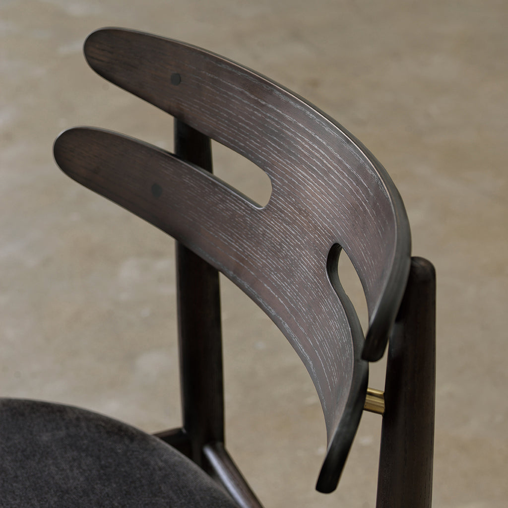 Vintage Ash Wood Dining Chair with Upholstered Fabric Seat and Curved Double-Slat Backrest