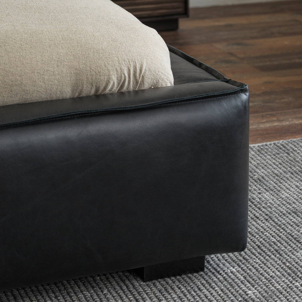 Anran Black Oil-Waxed Leather Low-Profile Bed
