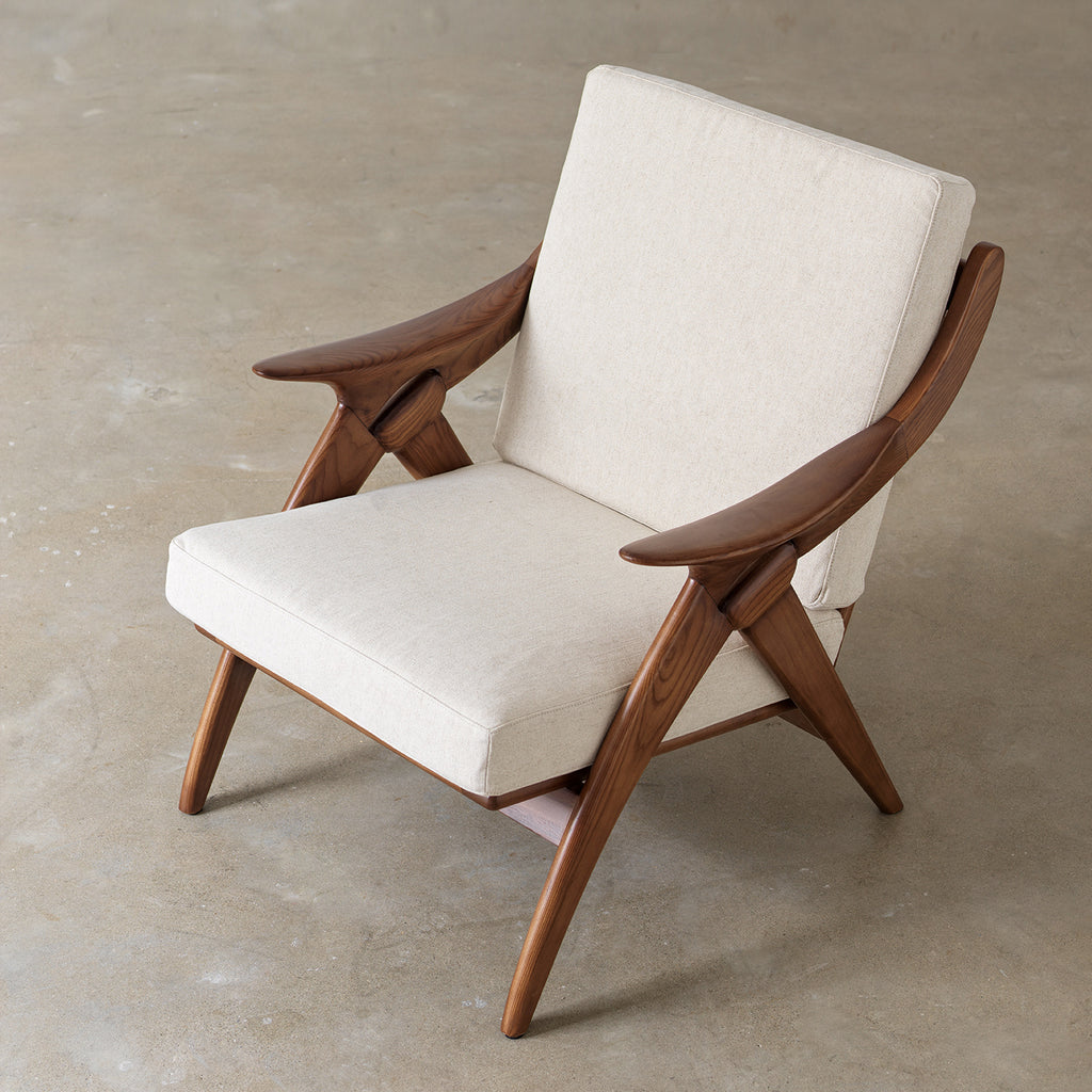 Scissor Lounge Chair with Sculptural Wood-Tone Frame — Cream
