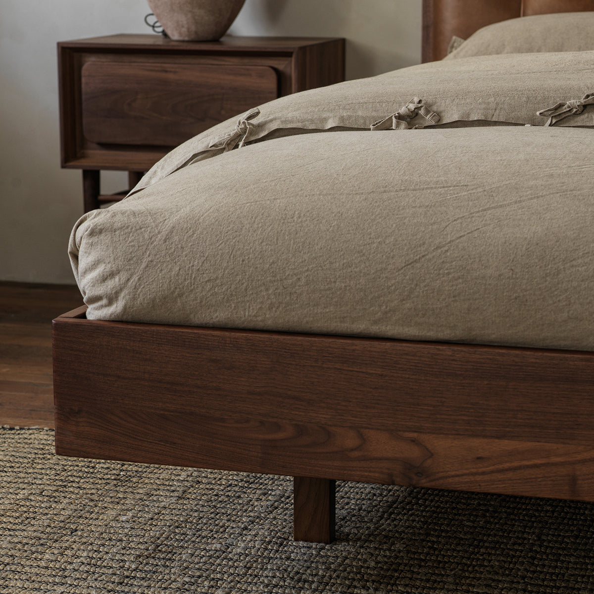 Solid American black walnut bed frame and side rail detail