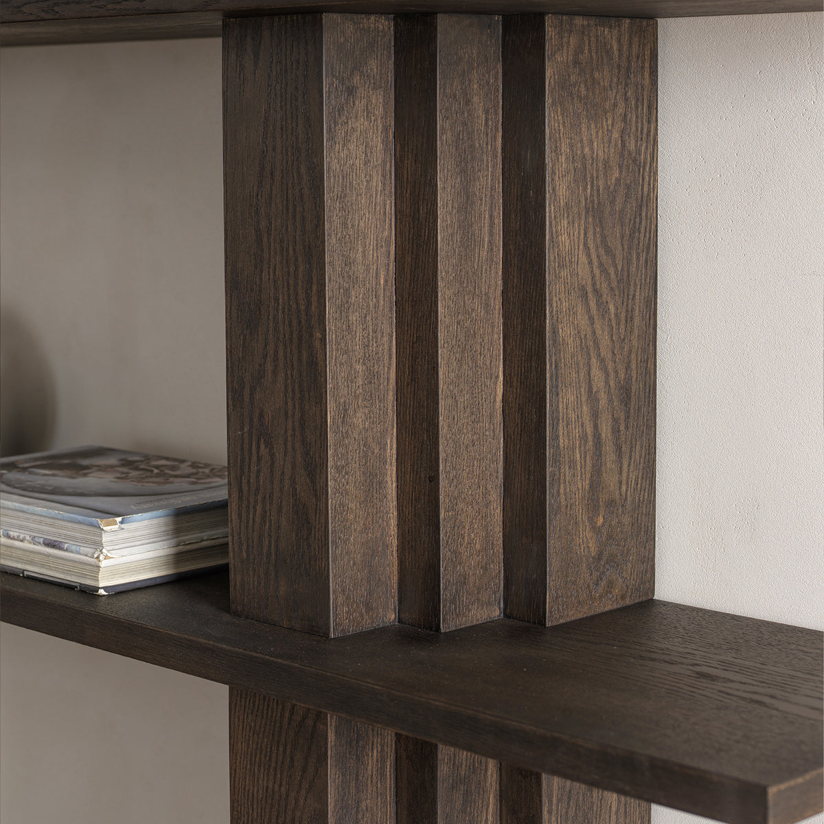 Distressed Red Oak Veneer 4-Tier Open Bookcase with Twin Pillar Supports
