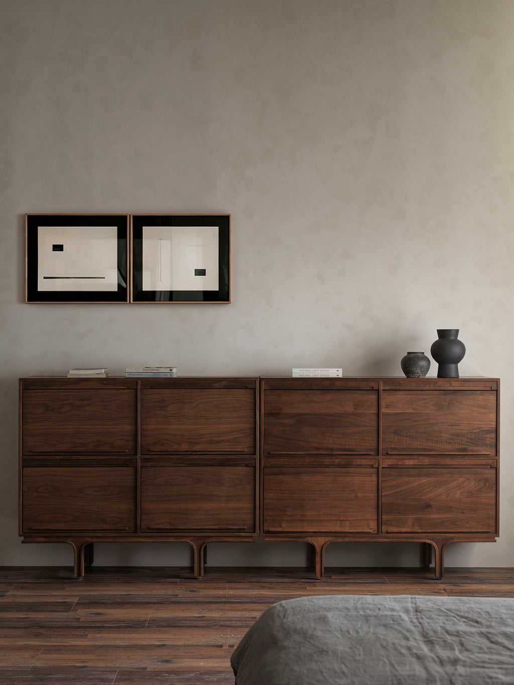Black walnut veneer storage cabinet with solid walnut base
