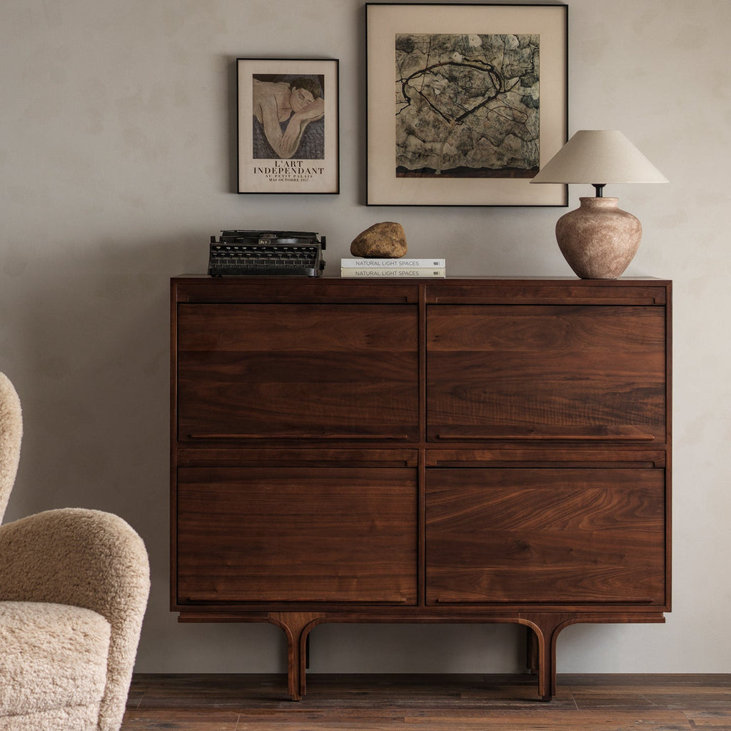 Black walnut sideboard with drawers and drop-down doors front view
