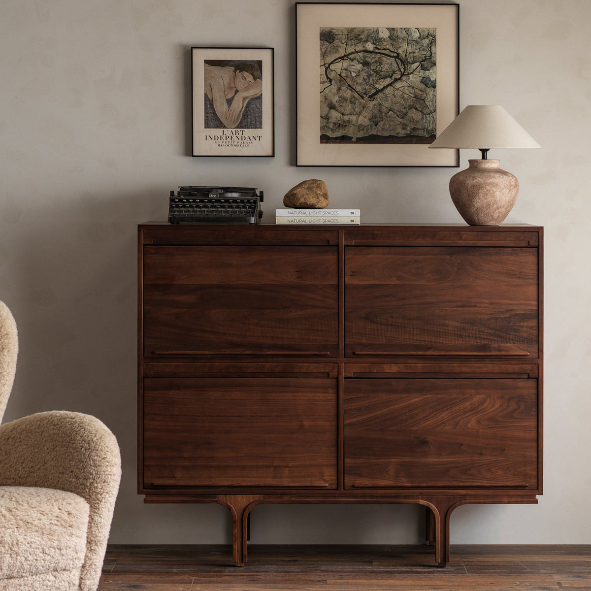Black walnut sideboard with drawers and drop-down doors front view
