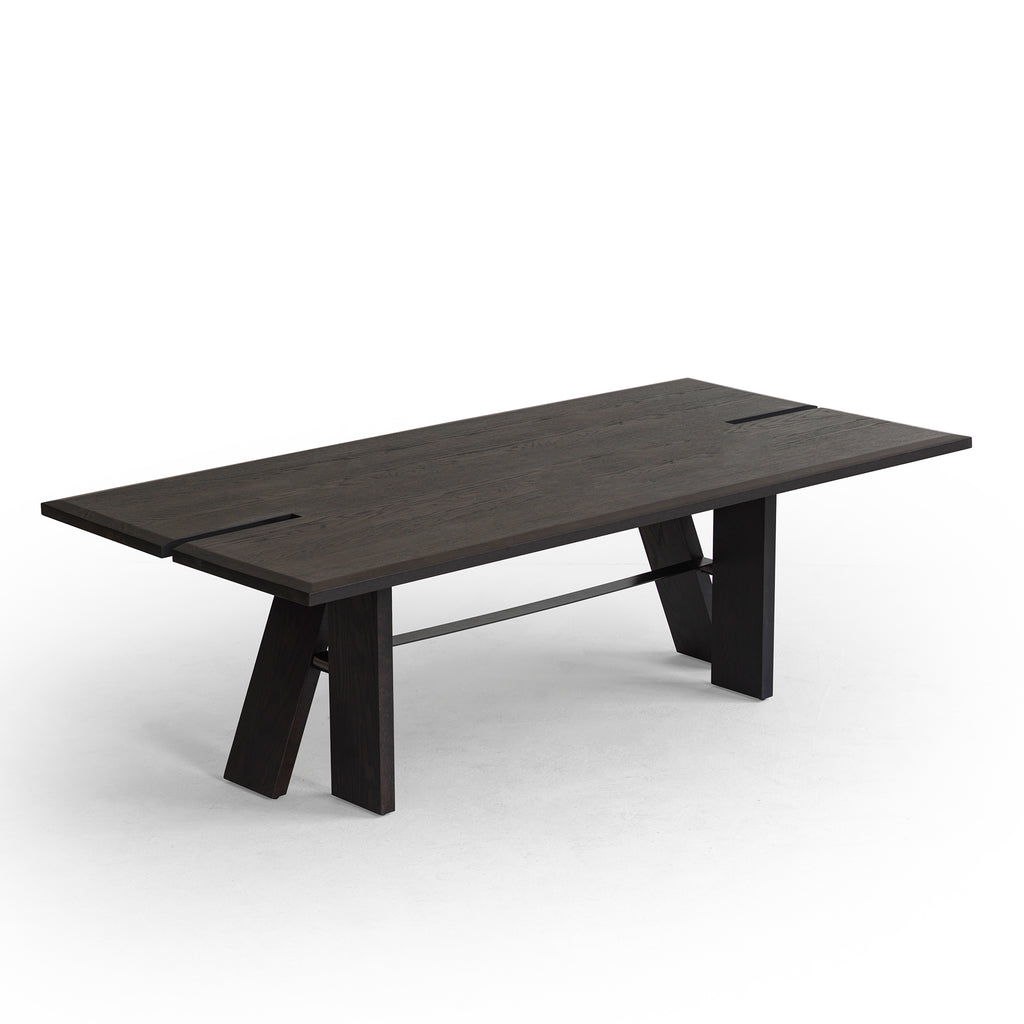 Front view of solid red oak rectangular dining table with distressed vintage wood finish