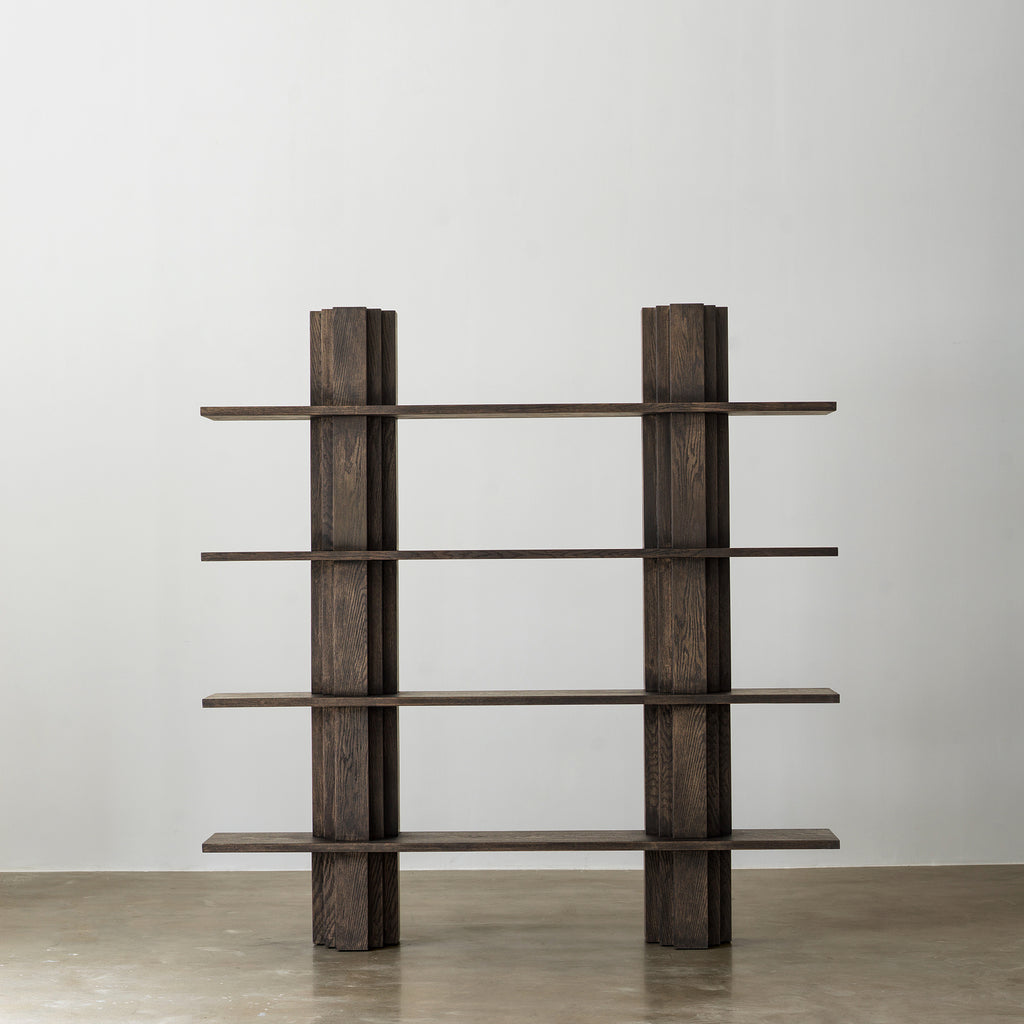 Distressed Red Oak Veneer 4-Tier Open Bookcase with Twin Pillar Supports
