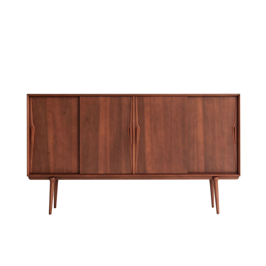 Boxwood sideboard front view with sliding doors, elongated handles and tapered wood legs