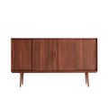 Boxwood sideboard front view with sliding doors, elongated handles and tapered wood legs