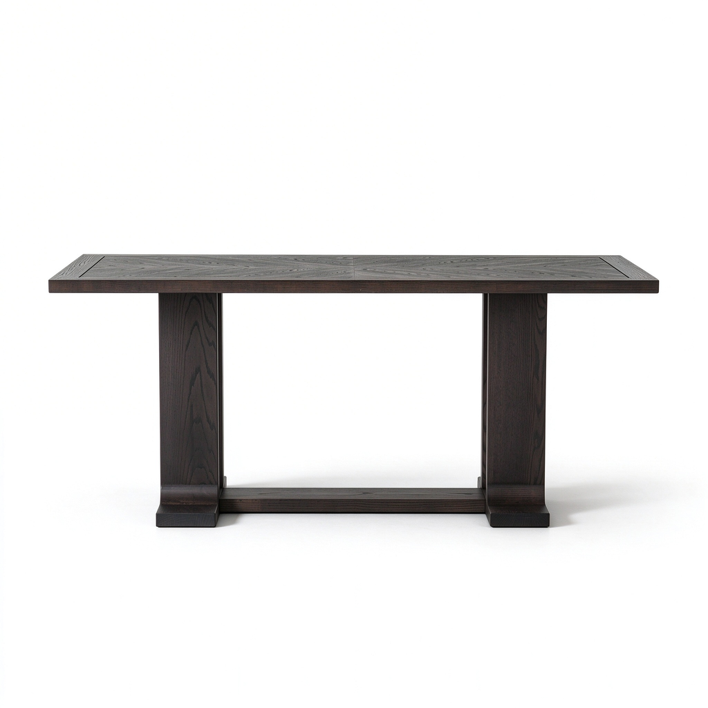 Vintage Distressed Wood Trestle Dining Table with Geometric Veneer Top, 70.9"